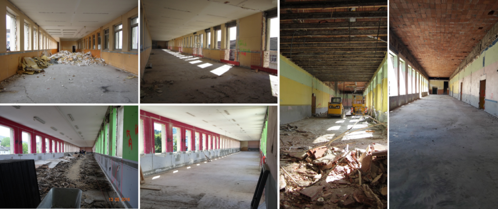 L'image est une image bannière. Elle présente plusieurs photos de travaux de déconstruction de bâtiment, curage intérieur en cours et les photos correspondant aux travaux terminés. Les plateaux des étages n'ont plus de cloisons, n'ont plus de revêtements de sol. Les faux-plafonds ont également été démontés par les équipes de démolition intérieur CARON DEMOLITION.